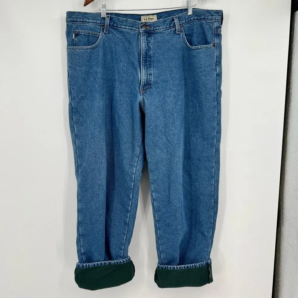 vtg 90s LL BEAN fleece lined denim jeans straight leg stonewash faded sz 44 x 34